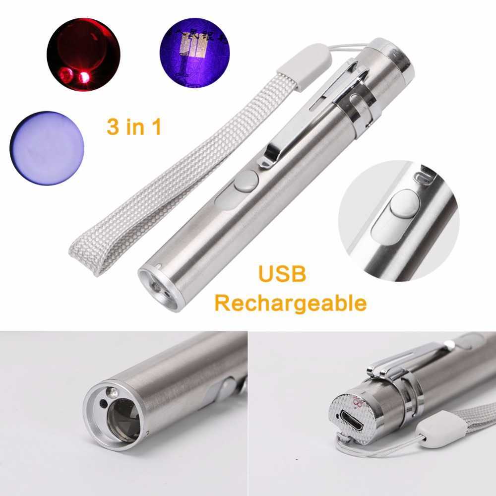 Lampes de poche torches lampe de poche LED UV/laser rouge/lumière d'instruction de lune lampe d'urgence chèque de trésorerie lampe torche rechargeable USB lampe-stylo batterie AA intégrée 0109