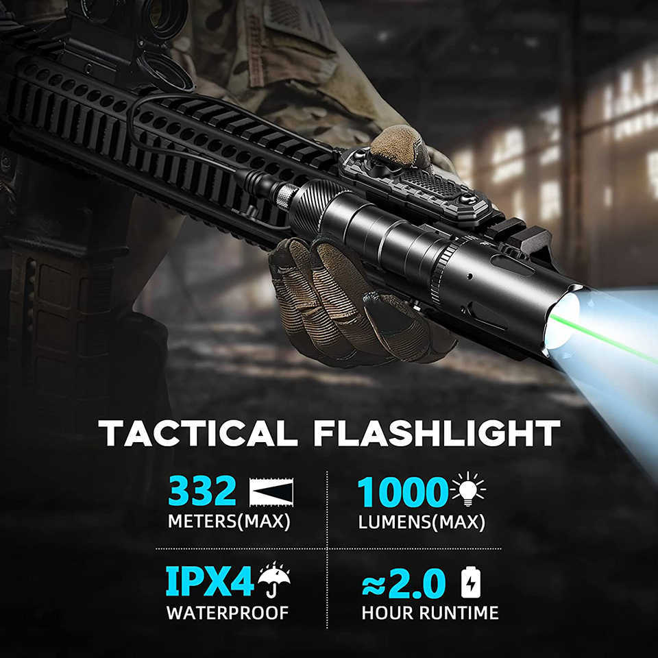 Фонарики факелы 1000 Lumens Tactical Flashlight с зеленым лучом лазерного прицела светодиодный светодиодный комбинированный светлый свет с пультом дистанционного выключателя для рельса Picatinny 0109