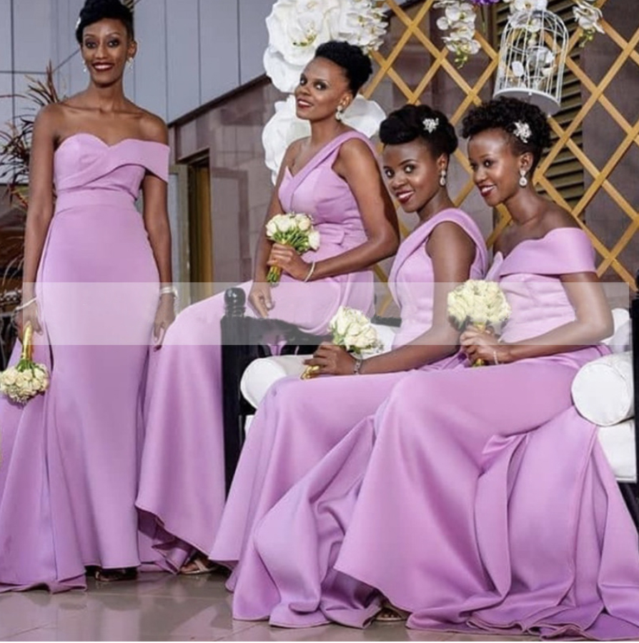 Robes de demoiselle d'honneur sirène pour femmes africaines, en Satin lilas, longue, asymétrique épaule dénudée, robe de soirée de mariage, robes de bal