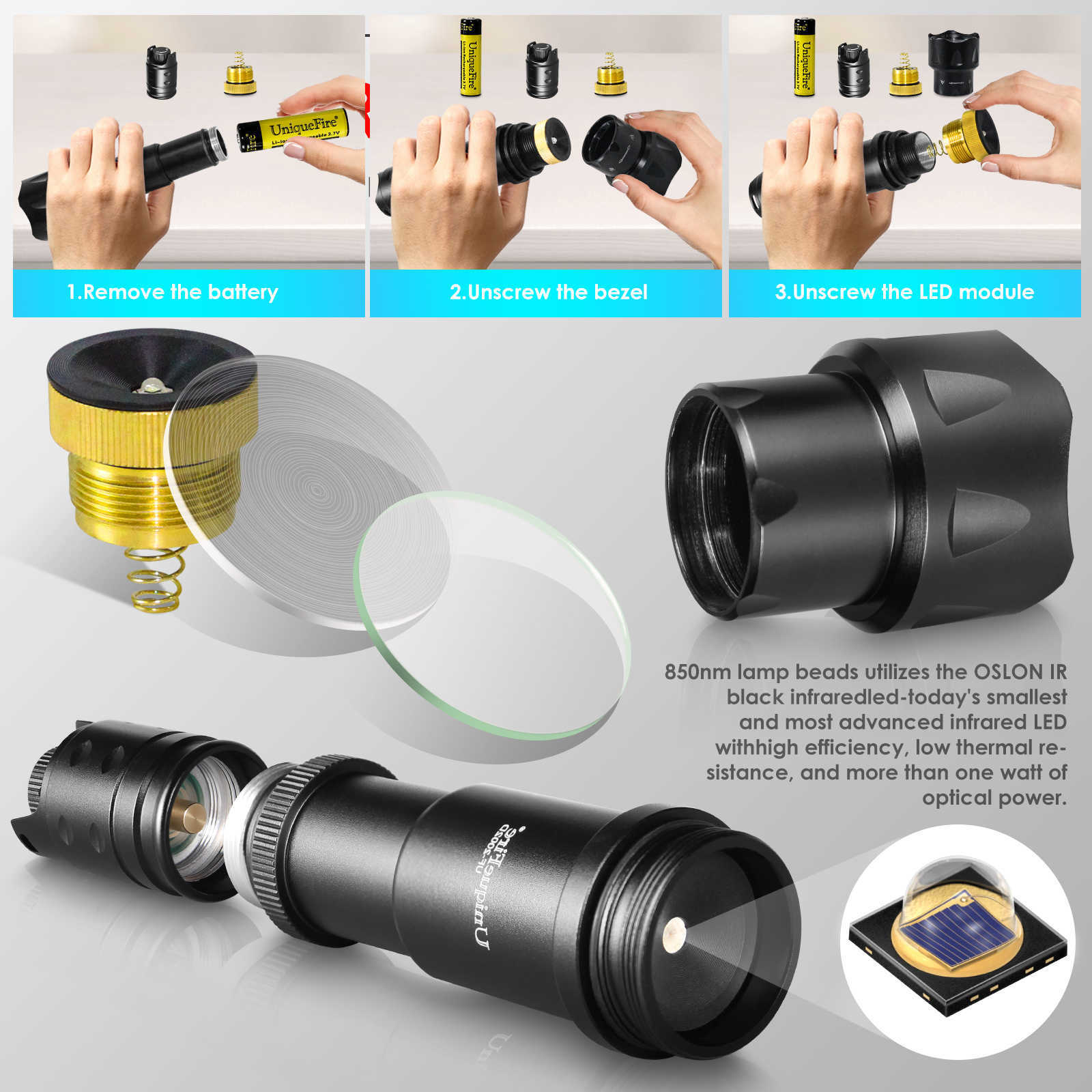 As lanternas tochas exclusivas 2002d LED IR 940nm 850nm 810nm Hunthlight Fresnel Lens Zoom Visão Night Vision Dimmer Swtich Torch Max.1000 metros 0109