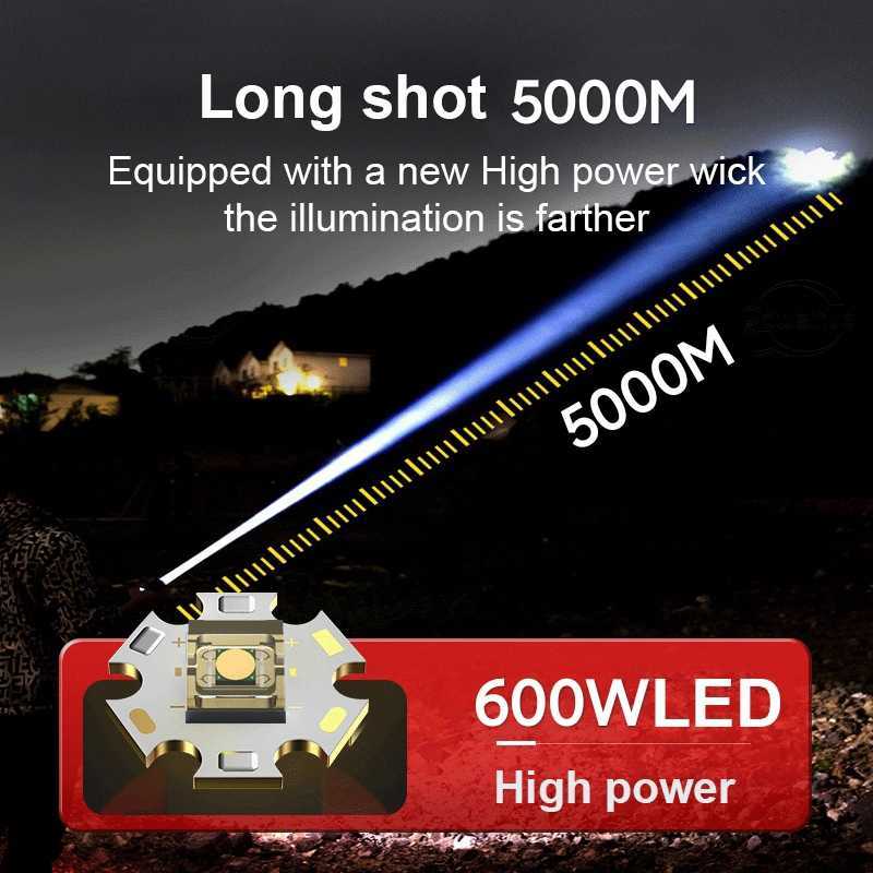 Taschenlampen Taschenlampen Super hell wiederaufladbar Taschenlampe 60W Hochleistungs -LED -Taschenlampe XHP90 leistungsstarke Torch USB Tactical Lantern Zoom Lighting 1500m 0109