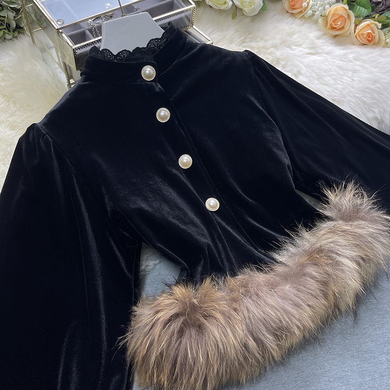 Women's black color stand collar velvet fabric fur bottom top and elastic waist mermaid maxi long skirt set dress suit SML