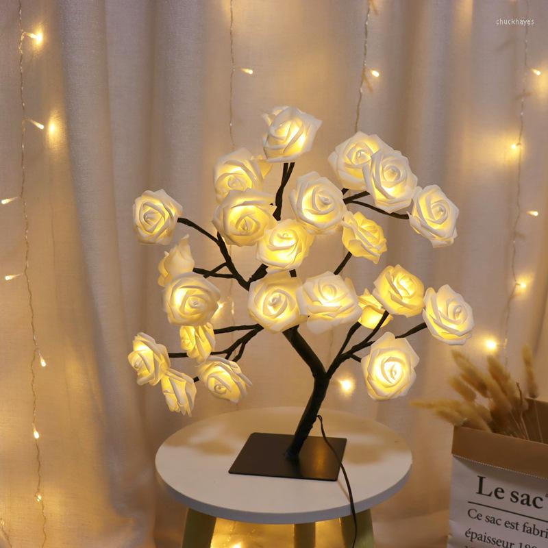 Lámparas de mesa LED Lámpara de flor de rosa USB Árbol de Navidad Luces de hadas Noche Fiesta en casa Decoración de dormitorio de boda For236O