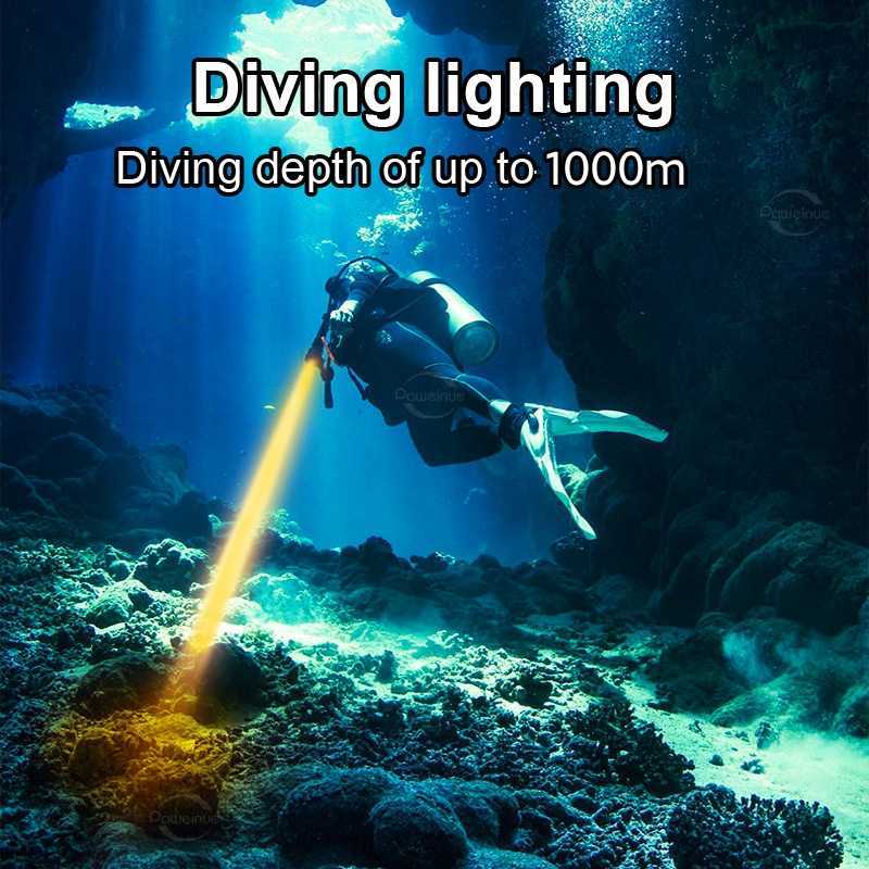 Flashlights facklor 12000 lm Super Bright Diving Flashlight Gul Light Recheble XHP190 Diving Torch 1000m Underwater Lamp IPX8 Vattentät ljus 0109