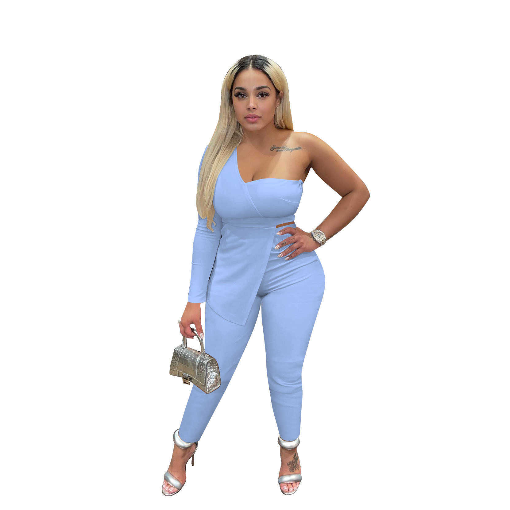 Femmes Deux Pièces Pantalon Ensemble Designer Mince Sexy Une Manches Conception Simple Solide Dames Sportwear S-XXL 7 Couleurs