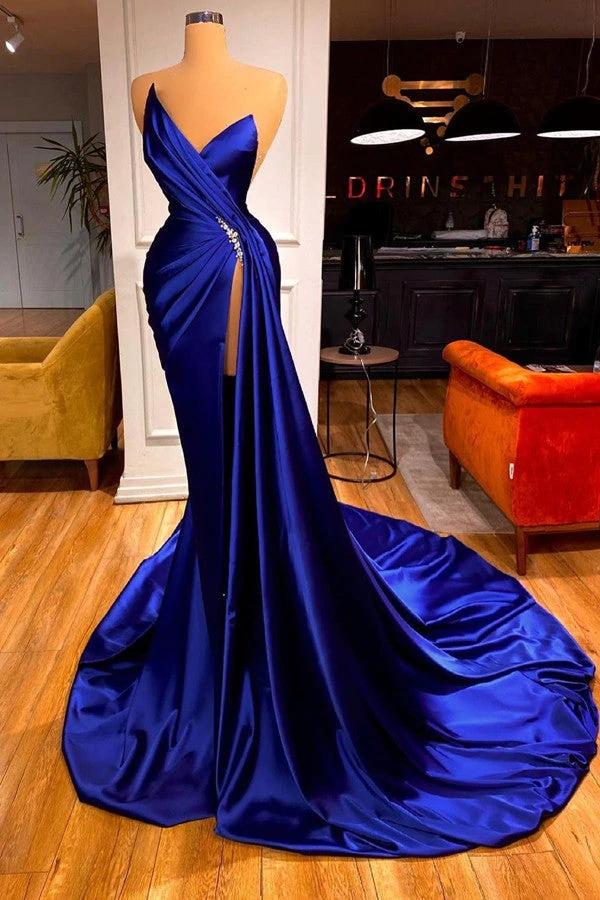 2023 Prom Dresses Royal Blue Sexy Sweetheart Crystal Beads Sleeveless High Side Split Open Back Evening Dress Pageant Party Gowns Sleeveless