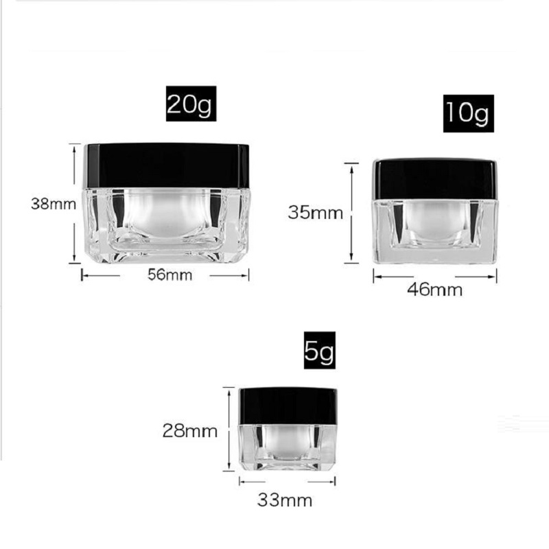 クリアアクリル補充可能なボトル5G 10G 20Gポータブルスクエアフェイシャルクリームジャーブラックリッド空のスキンケアクリームポット化粧品パッケージサンプルコンテナ