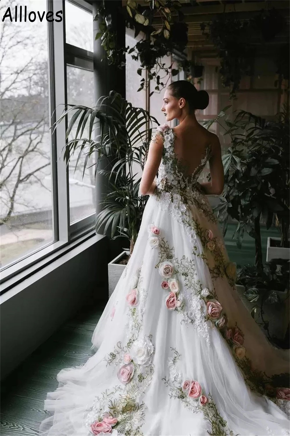 Fairy Floral Lace A Line Wedding Dresses For Brides Romantic 3D Flowers Sheer Neck Boho Garden Bridal Gowns Sexy Open Back Cap Sle237T