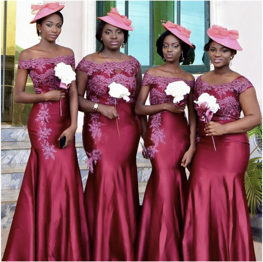 Nya afrikanska brudtärna klänningar Bourgogne Satin Appliques Mermaid Long Wedding Party Gowns Custom Made Maid of Honor Dress