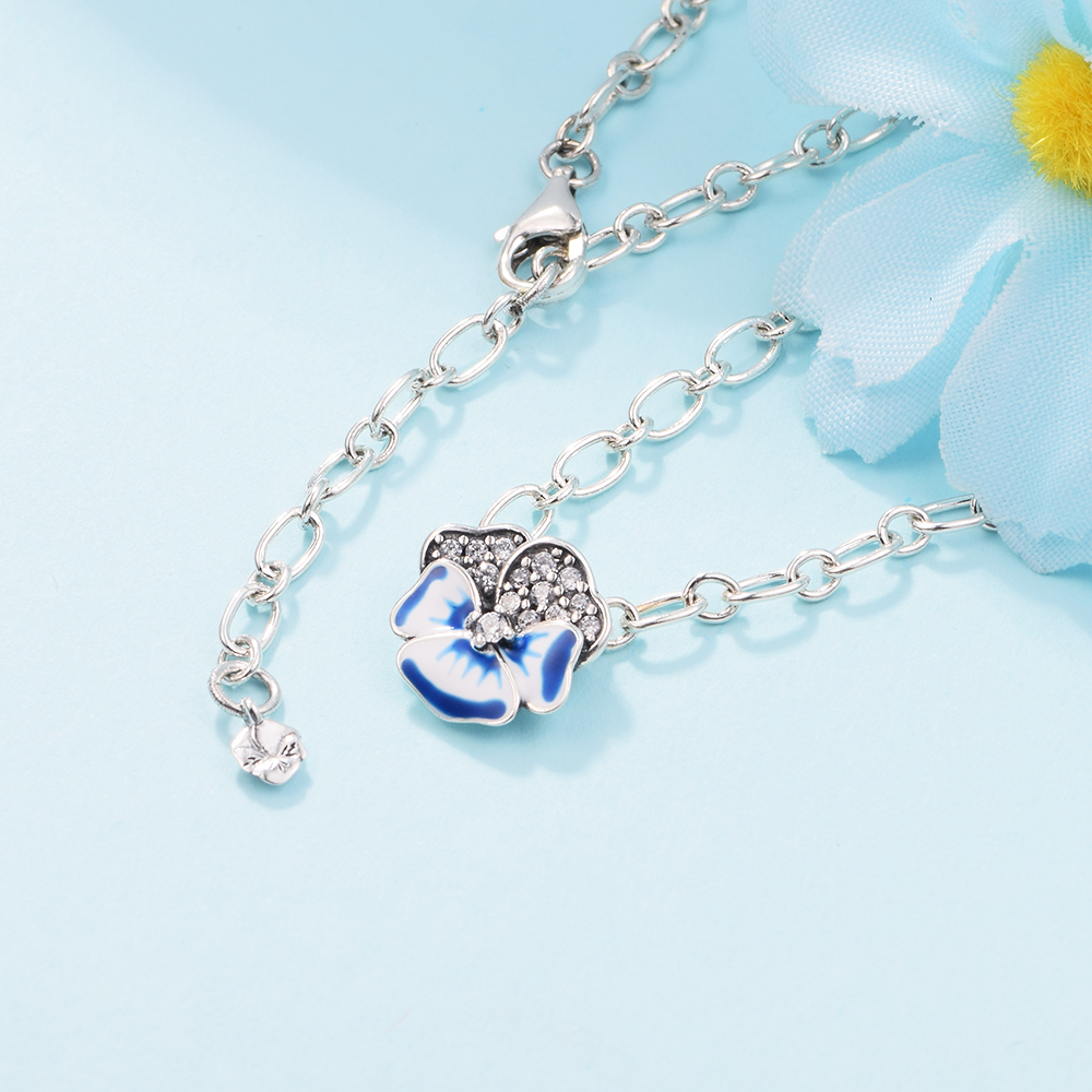 925 Sterling Silver Silver Blue Pansy Flower Pingente Colar se encaixa no colar de joias de estilo Pandora europeu