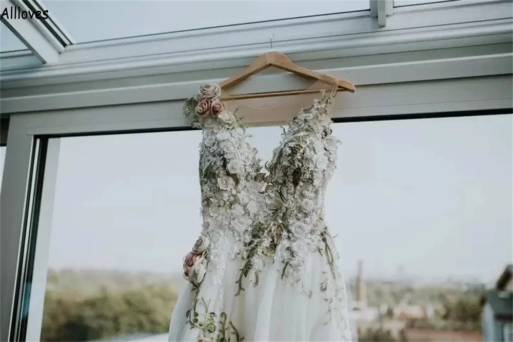 الدانتيل الجنيح الأزهار ، فساتين زفاف للعرائس رومانسية ثلاثية الأبعاد الزهور الشفاه