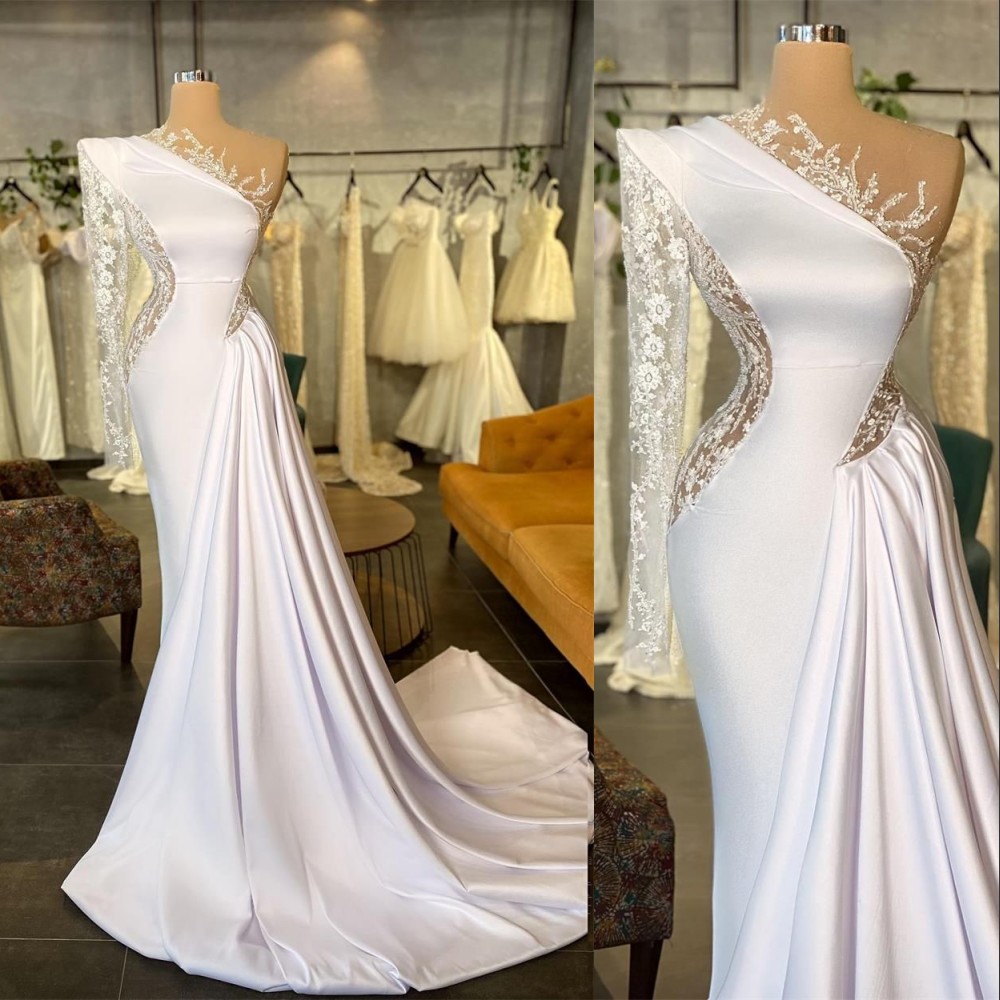 2023 Simple Mermaid Wedding Dresses Satin One Shoulder Illusion Long Sleeves Lace Appliques Bridal Gowns Plus Size vestido de noiva Custom Made Sweep Train