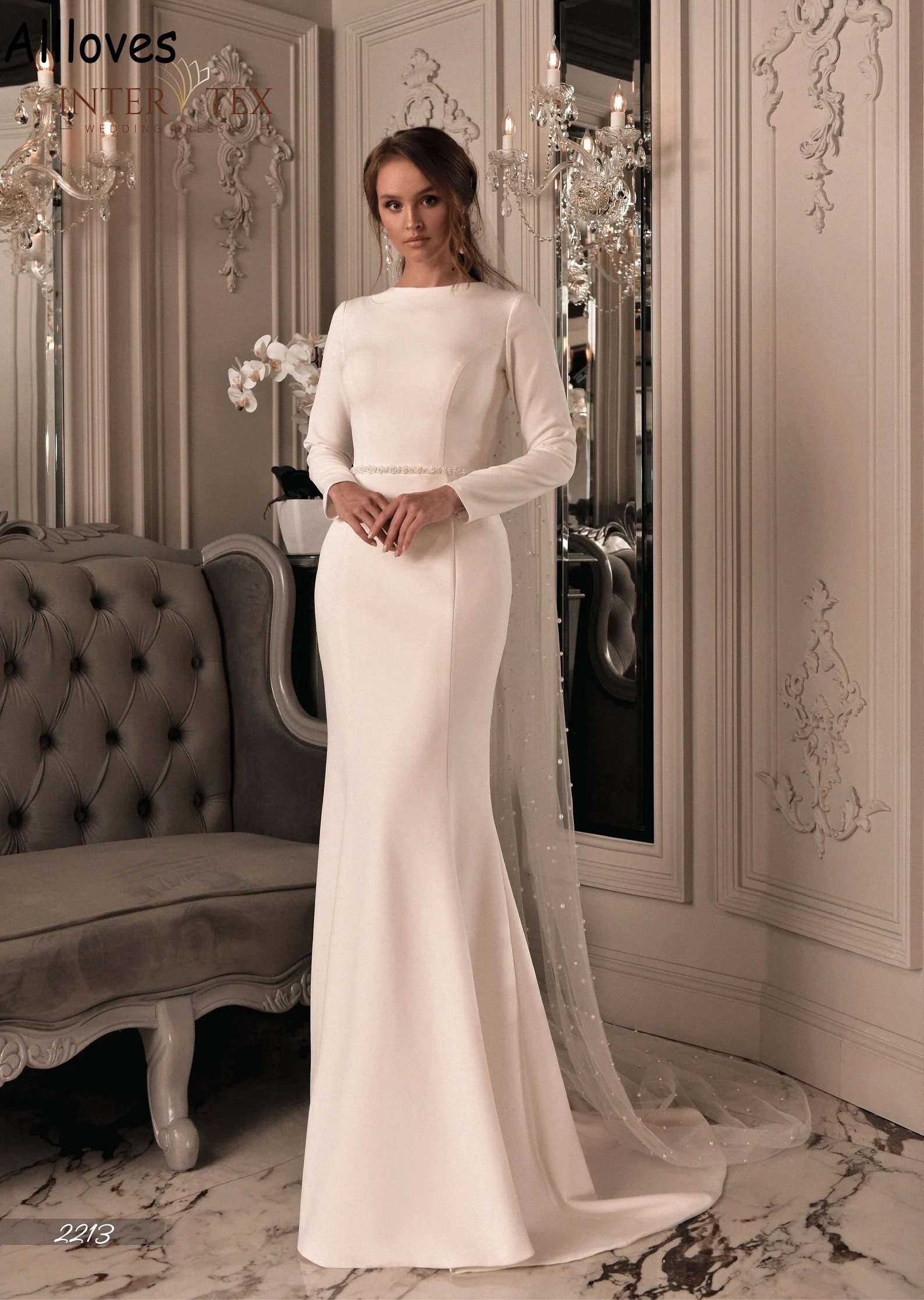 Modest Satin Mermaid Wedding Dresses With Long Sleeves Jewel Neck Simple Garden Bridal Gowns Crystals Belt Sweep Train Sexy Open Back Fashion Robes de Mariee CL1667