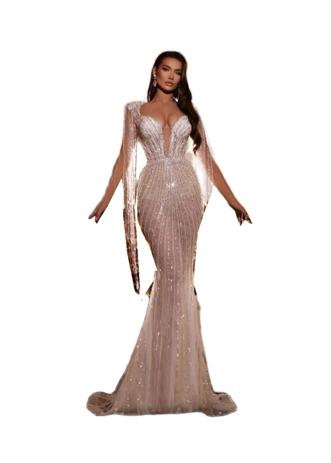 Abiti da sposa a sirena scintillanti senza maniche con scollo a V profondo cinghie con perline paillettes appliques abiti da cerimonia 3D pizzo nappa abiti da sposa 304d