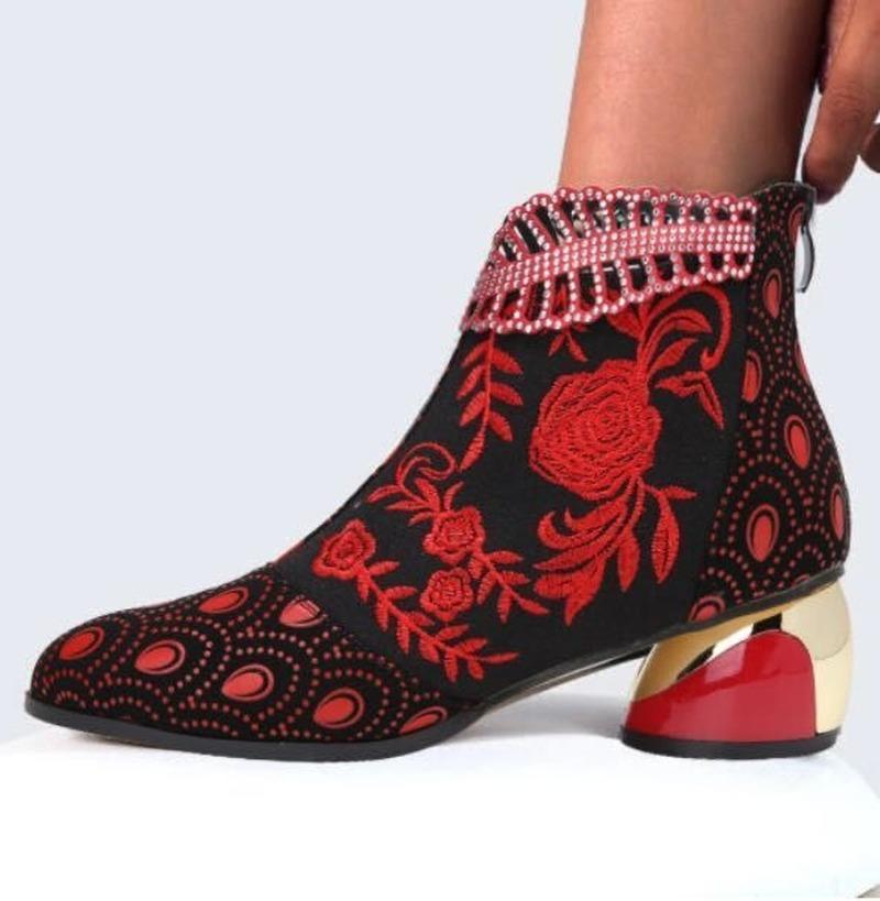 Buty llogai kwiaty zamszowe skórzane kobiety haft haftowy palec palec błyskawiczny sprężyste buty na kostkę żeńskie obuwie