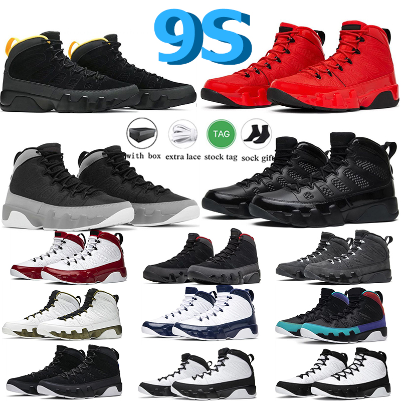 Chile Red 9 9s Og Chaussures de basket-ball Jumpman Mens Sneakers Particule Grey Bred Patent Racer Blue White Gym Gym Dark Charcoal University Gold Space Jam Sports Trainers