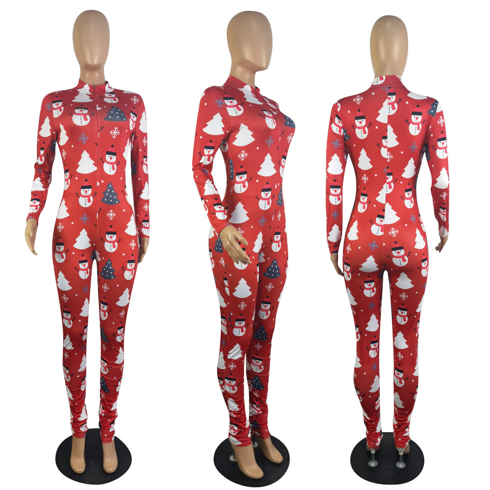 Fall Winter Xmas Jumpsuits Women Christmas Pajamas 2XL Long Sleeve Snowman Print Sleepwear Sexy Bodycon Rompers Nightwear Home Wear Casual Streetwear 8451