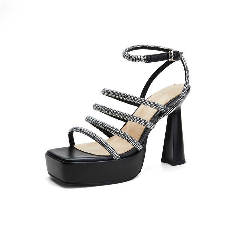 Dress Shoes Sandalen Rhinestone Ladies Romeinse Sandalen Zomer Nieuw vierkante teen platform Hoge hakken Schoenen Leer Cross Buckle Rood groot formaat Sandalen 0111