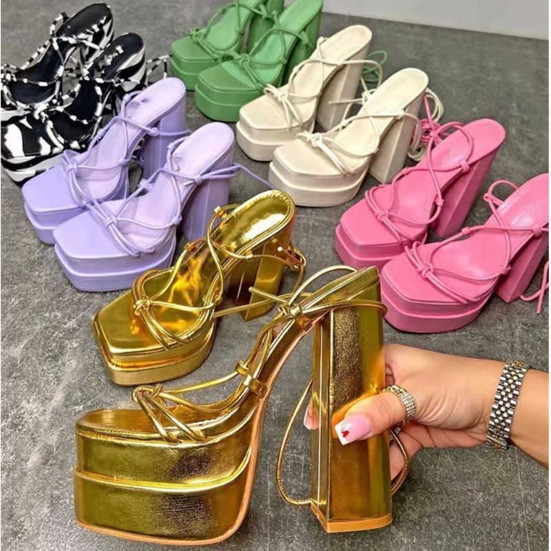 Buty sukienki sandały koronkowe sandały na wysokim obcasie dla kobiet mody gęste podeszwy w górę seksowne buty na wysokim obcasie kwadratowe palce u stóp złoto rozmiar 43 0111