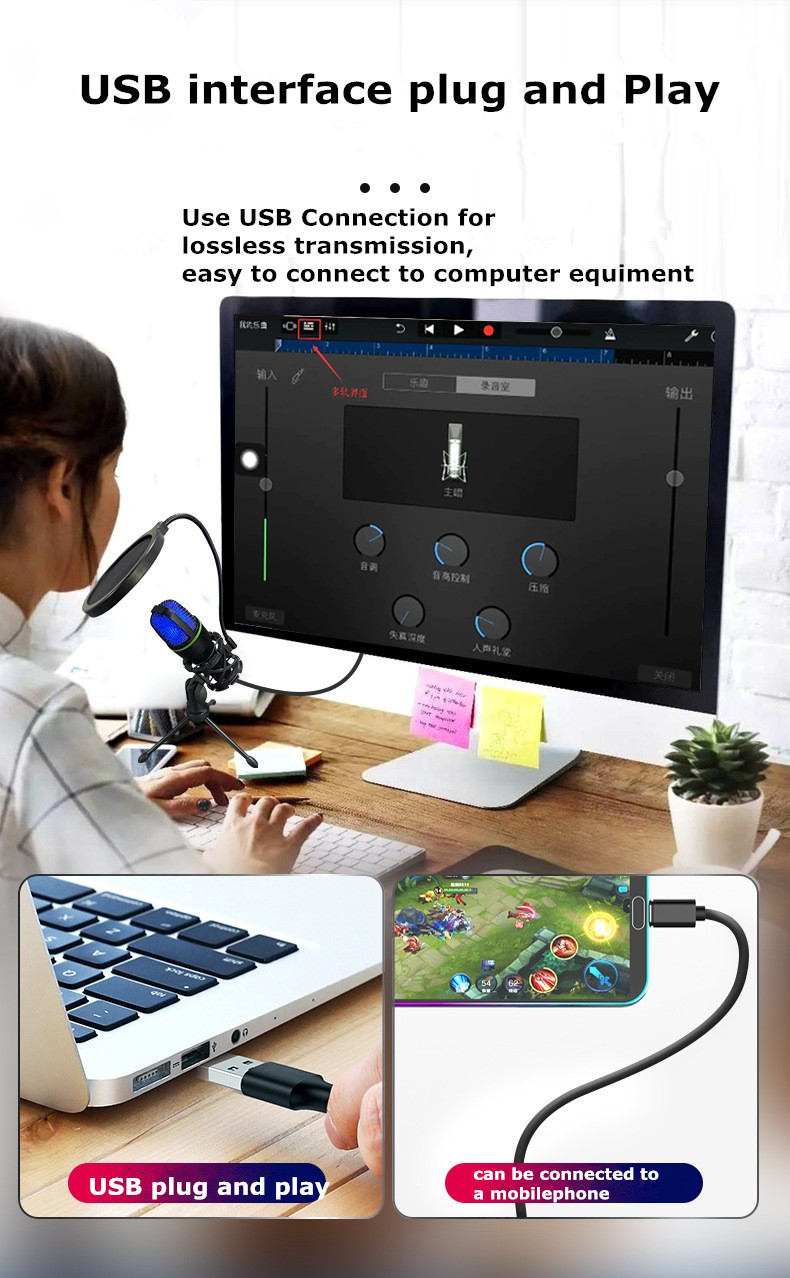 USB Microfoon RGB LED Lights Computer K Song Opname mobiele telefoon Live -uitzending met schok mount en popfiter me4