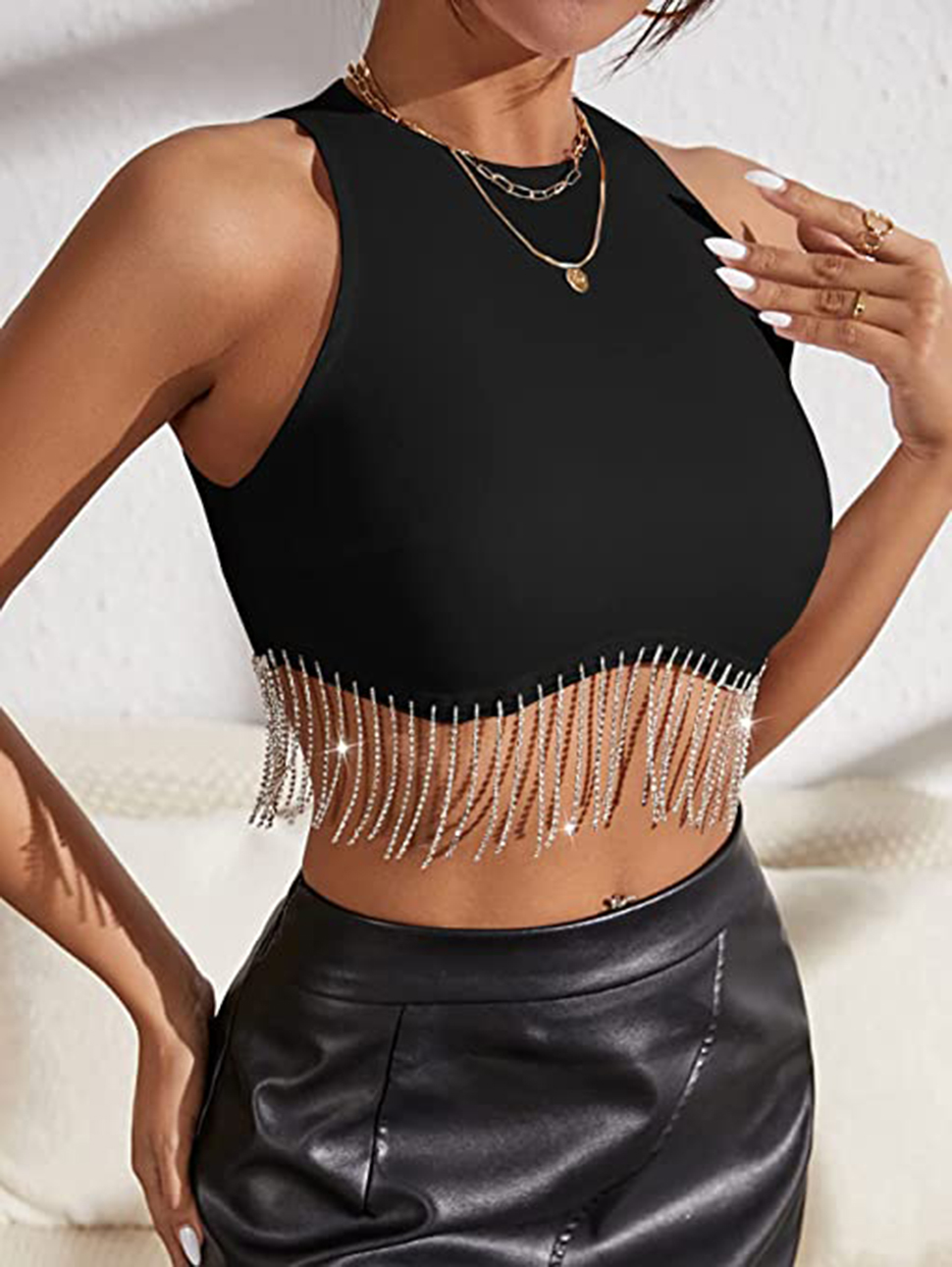 Kvinntankar Tassel Rhinestone Fringe Zip Back Sleeveless Sexig Camis Slim Round Neck Falled Crop Tank Tops