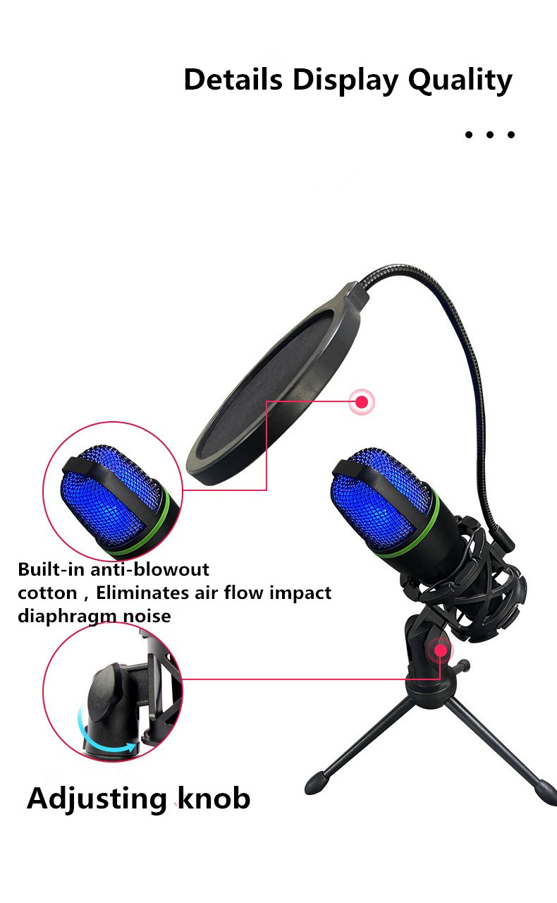 ME4 USB Microphone RGB led Lights noise reduction Computer K Song Recording Mobile Phone Live Broadcast with shock mount and pop fliter