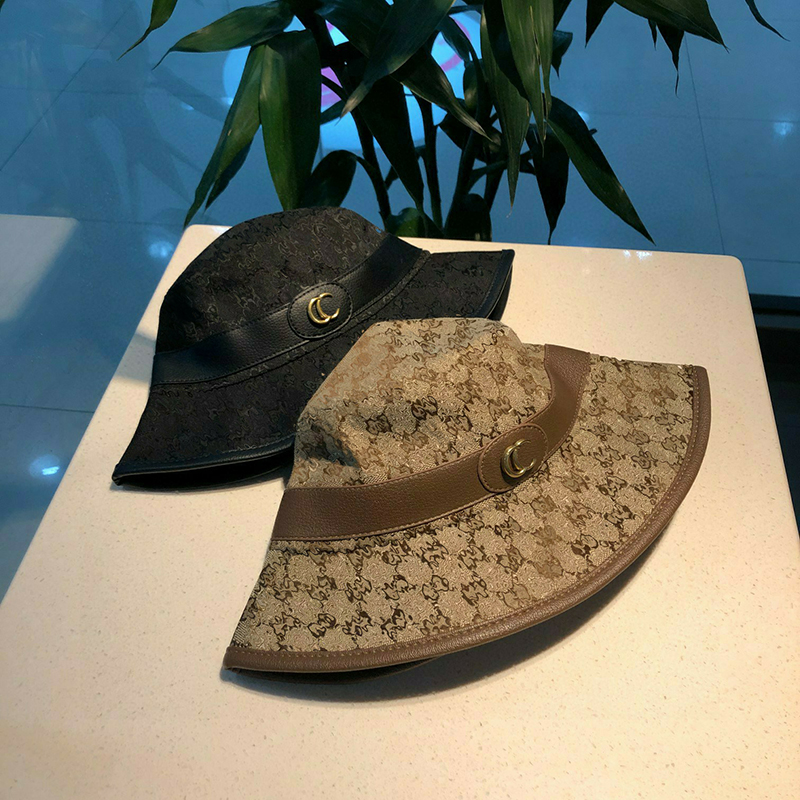 럭셔리 디자이너 양동이 모자 편지 2 톤 금속 소 가죽 인쇄 스티치 양동이 모자 남자와 여자의 휴대용 태양 모자 순수한 선하심