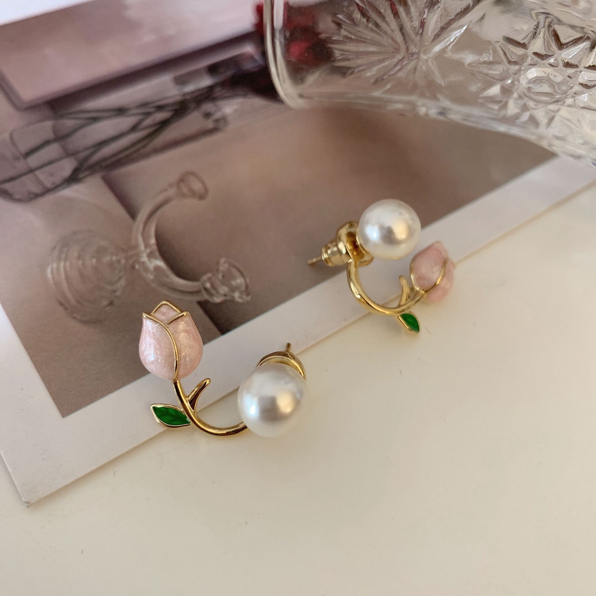 Pink Tulip Flower Pearl Stud Eargings 여성 한국 지르콘 절묘한 귀걸이 파티 크리스마스 보석 선물