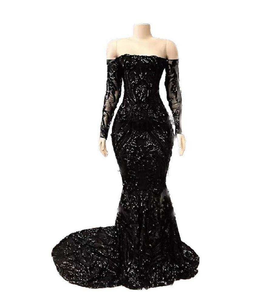 2023 Vestidos z syreny na barku Sukienki PROM NOWOŚĆ czarnego długiego rękawu Stup Cequine Formal Evening Dress Gowns GG011