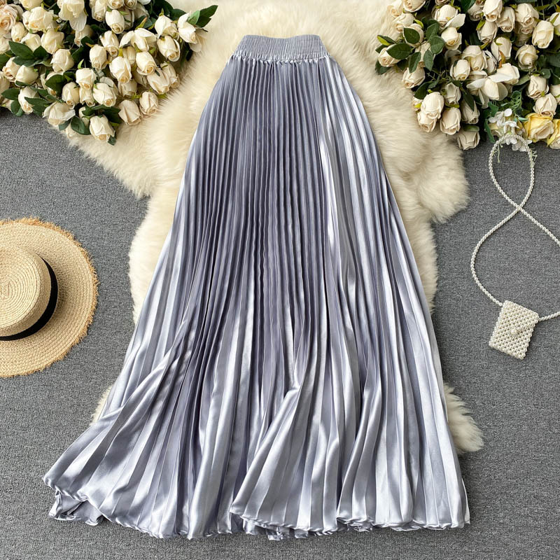 Women's high elastic waist satin fabric glossy pleated maxi long skirt solid color