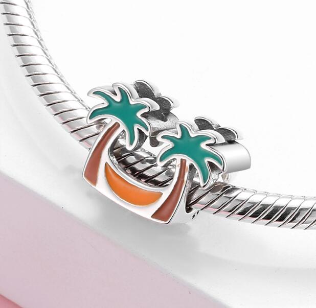Passar för Pandora -armband halsband 925 sterling silver pärlor havssemester reseserie lös pärlhänge diy baddräkt/kokosnötträd/tofflor silverpärlor 2023