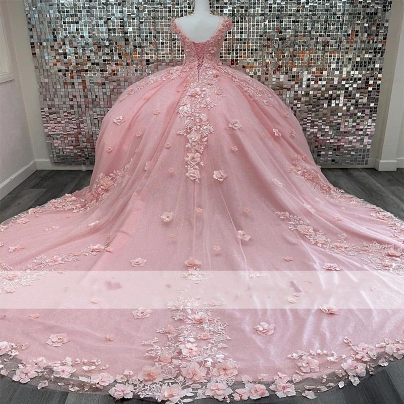 Pink Ball Gown Quinceanera Dresses 2023 Sweet 16 Dress Sheer Neck Appliques Pearls Crystals Lace-Up Vestidos De Xv Anos