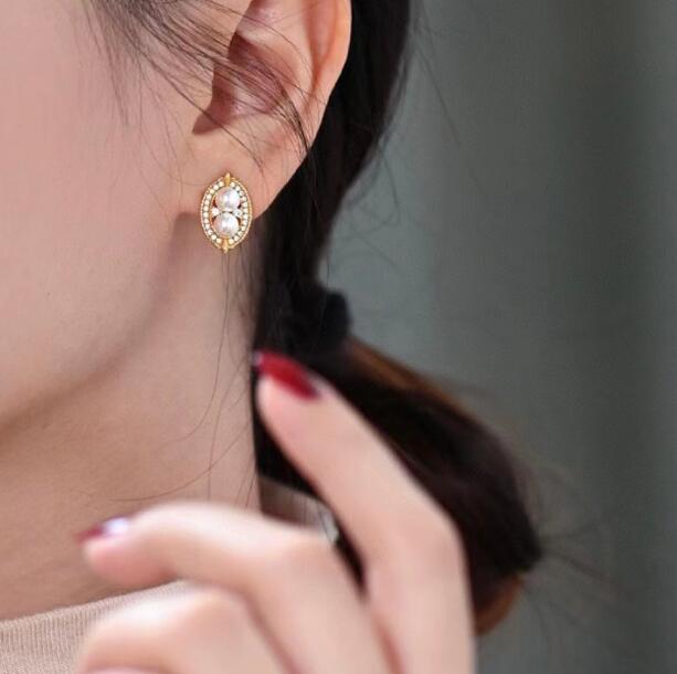 Серьги из пресноводной жемчужины S925 Серебряная игла Хрустальный эллипс ушные шпильки Lady/Girl Fashion Jewelr