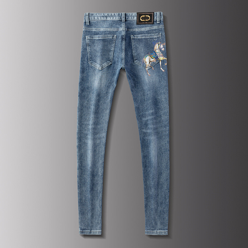 Herfst- en winter Nieuwe herenjeans Slim passende enkel-gebonden katoenen elastische Koreaanse jeugd 3D Gedrukte lange broek