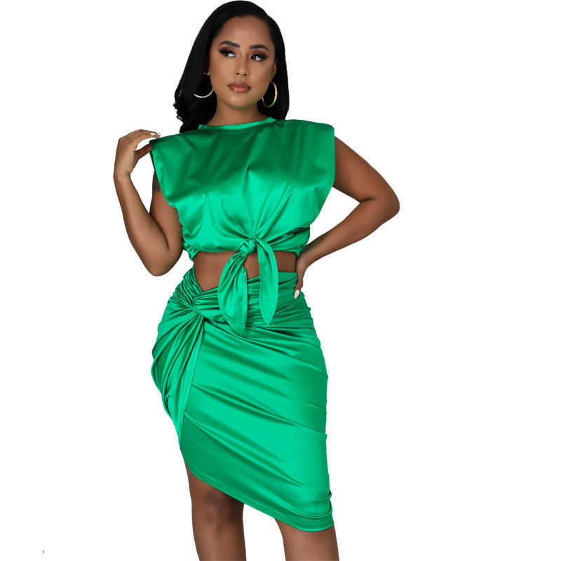 Two Piece Dress Echoine Summer Green Silk Hight Quality Sleeveless Tank Top Lace Up Pleated Stacked Skirt Two Piece Set Skinny Skirt Set Outfits T230113