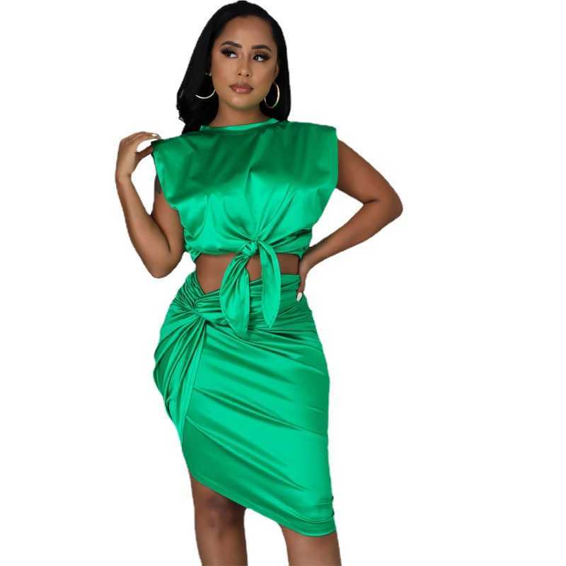 Two Piece Dress Echoine Summer Green Silk Hight Quality Sleeveless Tank Top Lace Up Pleated Stacked Skirt Two Piece Set Skinny Skirt Set Outfits T230113