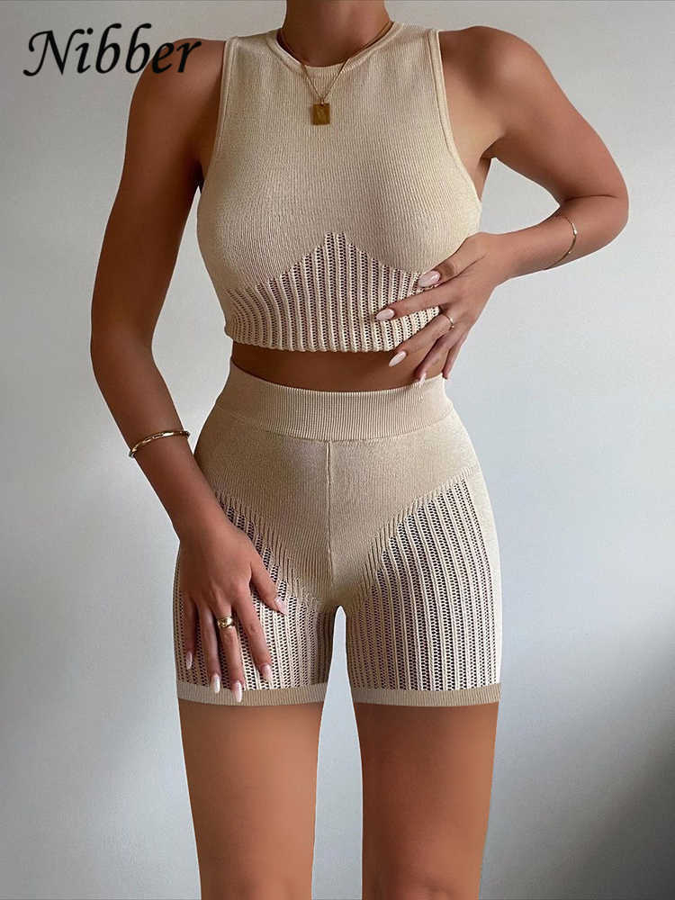 Two Piece Dress Nibber Two Piece Set Women Solid Mesh Knit Sleeveless Crop Top High Waist Slim Shorts Female Casual Sports Breathable Set T230113