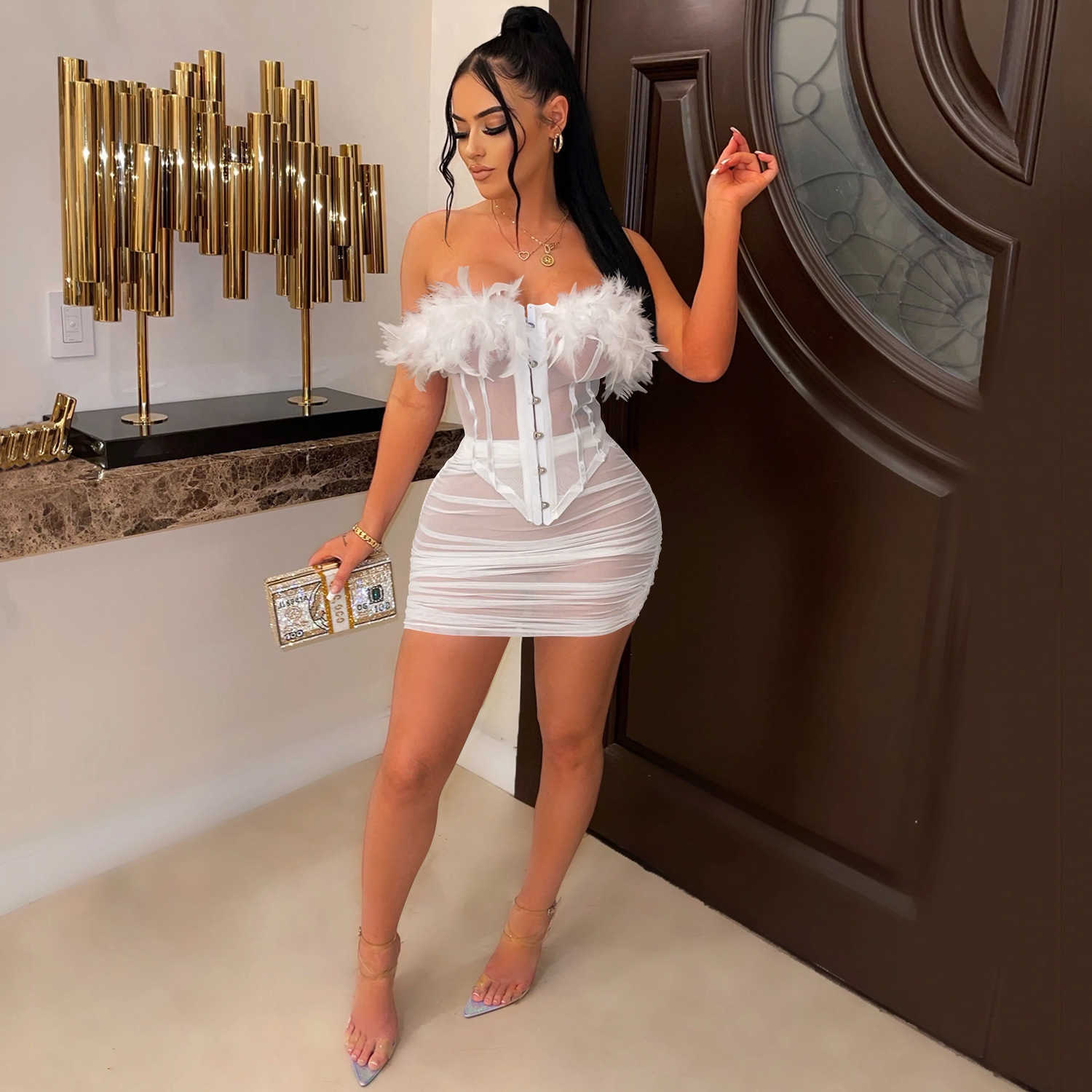 Vestido de duas peças Echoine Feather Strapless Sheer Mesh Corset Tops e Mini Saia Conjunto de duas peças Outfits Summer Party Club Matching Set Streetwear T230113