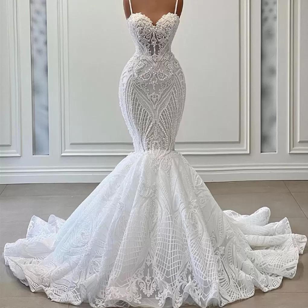 2023 Robes De Mariée Sirène De Luxe Sexy Africain Bretelles Spaghetti Illusion Full Lace Appliques Cristal Perlé Perles Robes De Mariée Formelles Plus La Taille Balayage Train