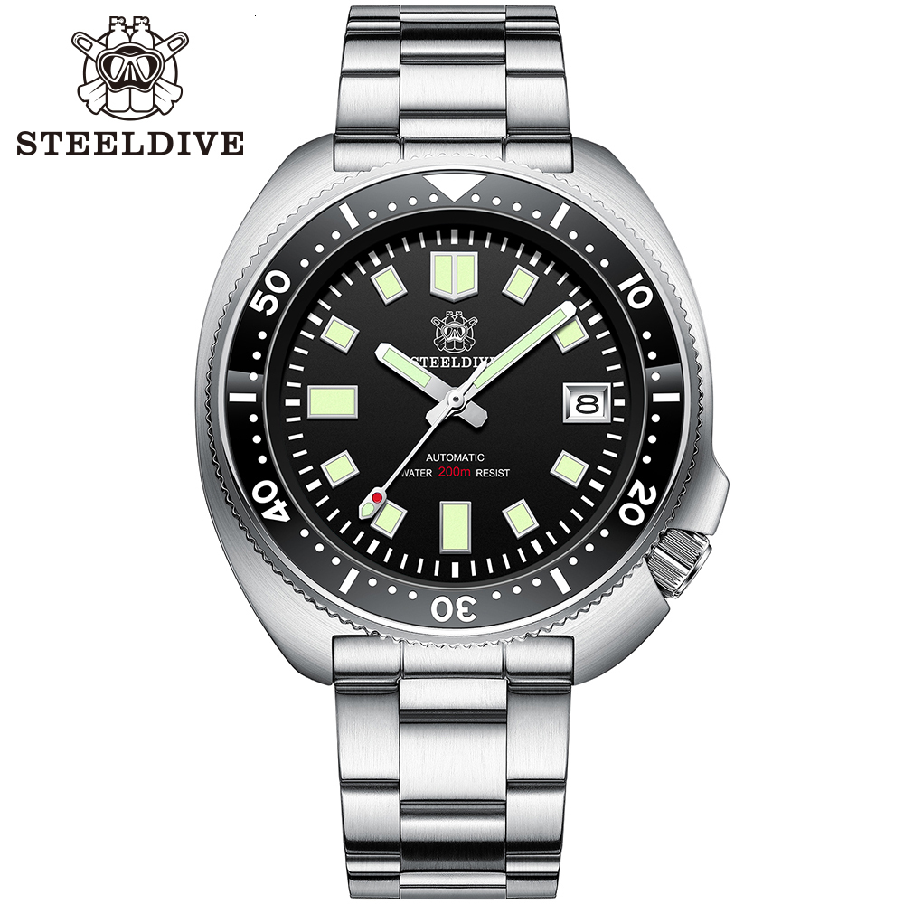 Wristwatches Steeldive SD1970 خلفية تاريخ أبيض 200m مقاوم لـ Wateproof NH35 6105 Turtle Automatic Dive Diver Watch 230113236B