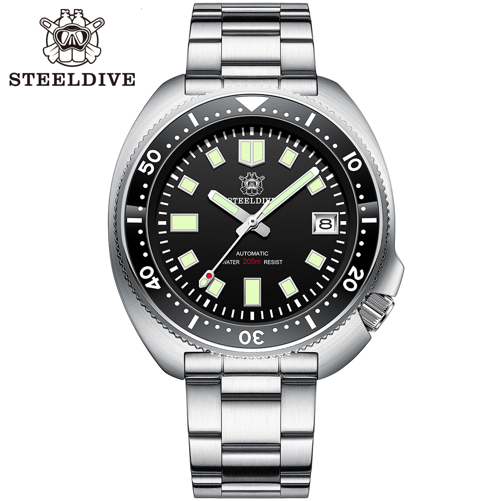 Wristwatches Steeldive SD1970 خلفية التاريخ الأبيض 200M Wateproof NH35 6105 Turtle Automatic Diver Watch 23011329G