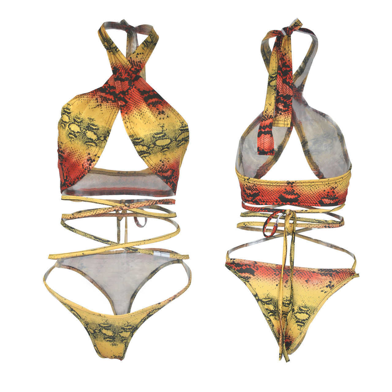 İki parçalı elbise ekoine seksi şal yular dantel yukarı yılan cilt baskı sutyen bikini set mayo kadınlar plaj giyim seksi bikinis vintage mayo t230113