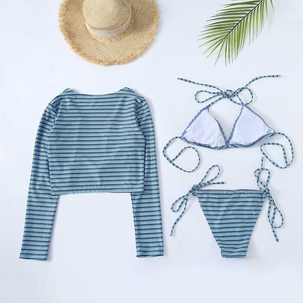 Two Piece Dress Echoine Blue Striped print Long Sleeve Cardigans Bra Bikini Suit Set Sexy Bodycon Swimwear Beach Swimsuit Summer T230113