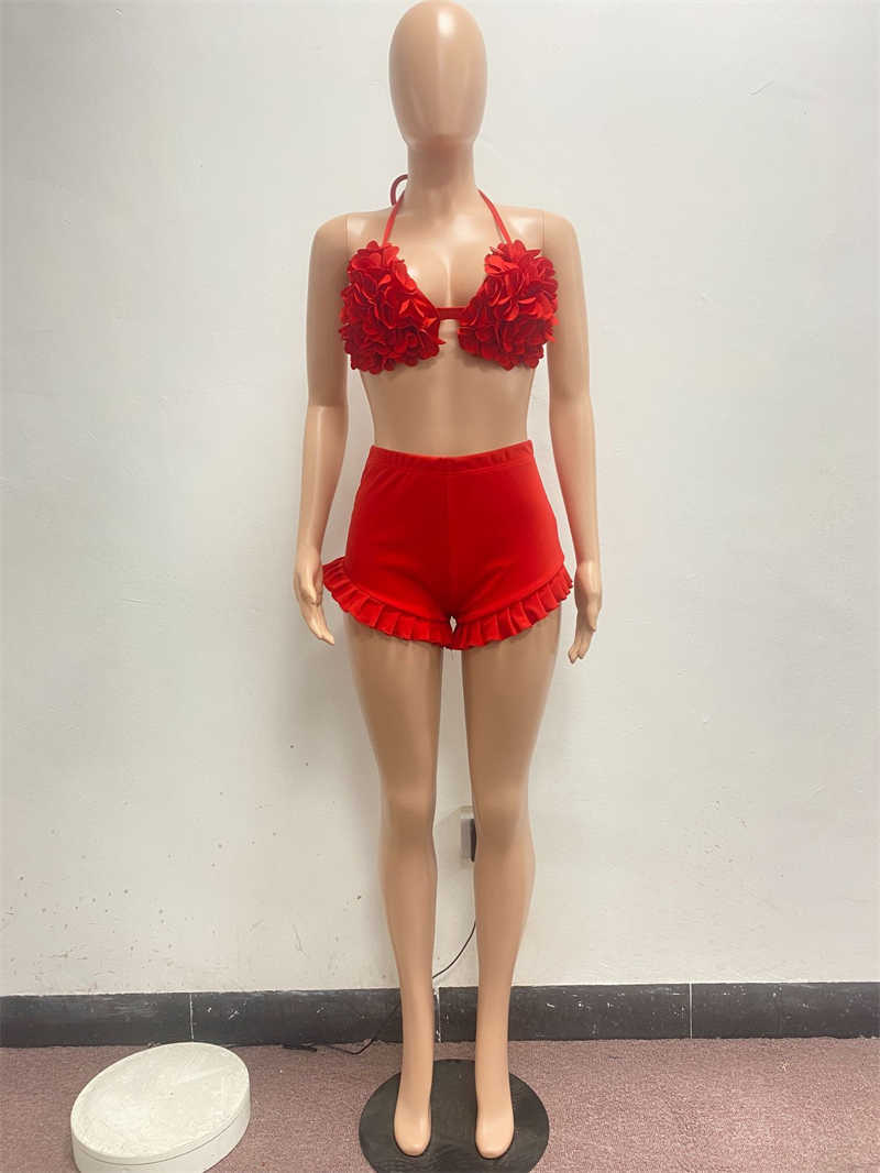 Two Piece Dress Adogirl Summer Two Piece Set Women Sexy 3D Flowers Lace Up Bra Top Ruffles Shorts Night Clubwear Suit Vocation Beach Outfits T230113