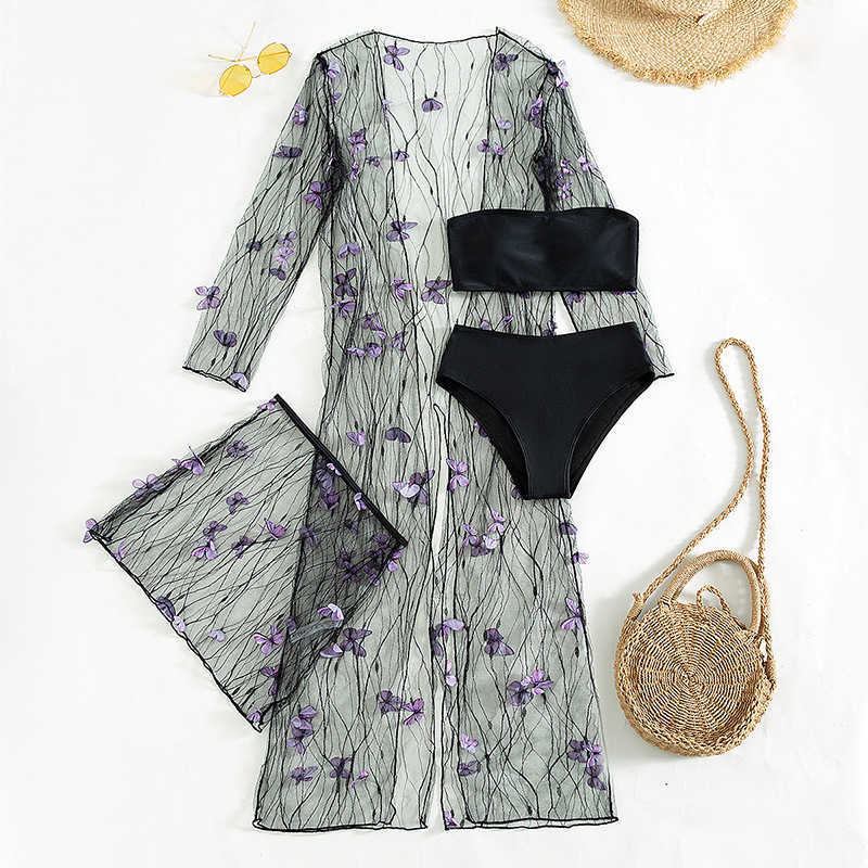 Zweiteiliges Kleid Echoine 4-teiliges Set Strandmode Badeanzug Sheer Mesh Cover Up Rock Outwear Bikini SUit T230113