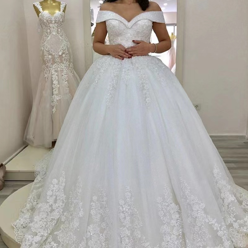 V-neck waist sexy tail lace main wedding dress short-sleeved off-the-shoulder backless simple dress DM009