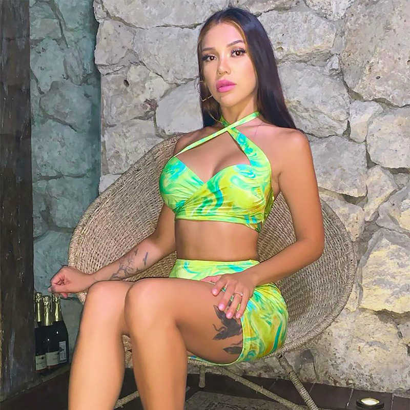 Two Piece Dress Echoine Green Tie Dye Print Cross Halter Wrap Crop Top Mini Skirt Two Piece Set Street Women Clothing Party Outfits T230113