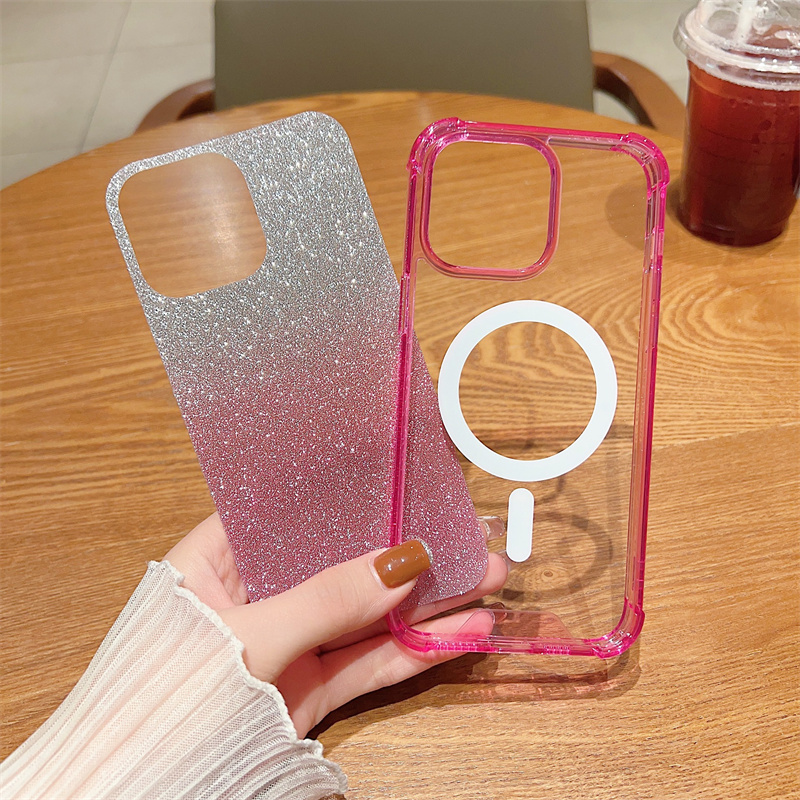 Gradiënt Glitter Draadloos Opladen Magnetisch Voor Magsafe Case Voor iPhone 15 14 13 12 11 Pro Plus Max Kussen acryl Bumper Cover