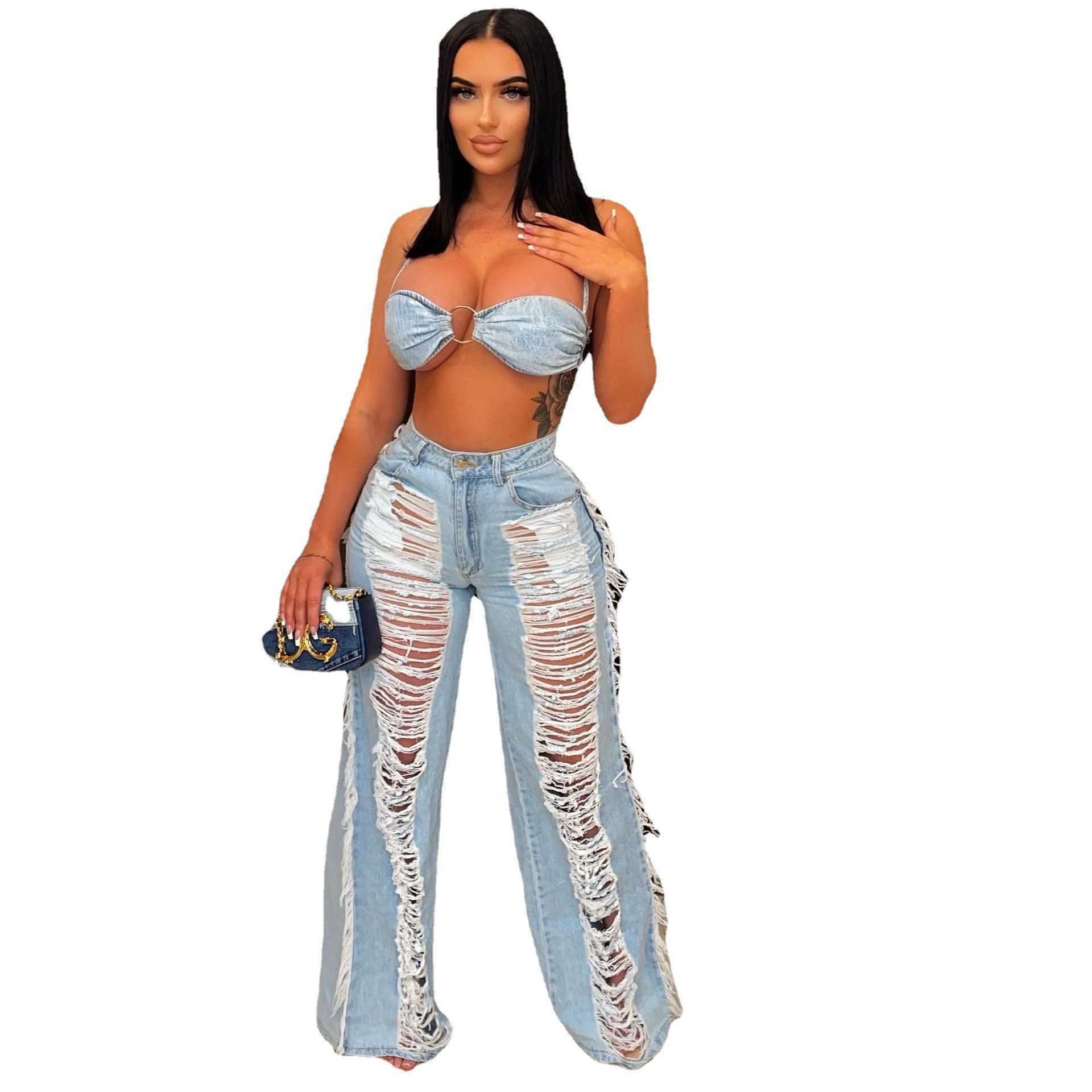 Two Piece Dress Echoine New Sexy Denim Two Piece Set Lace Up Ring Bra Top Hollow Out Hole Tassel Jeans Summer Party Night Clubwear Outfits T230113