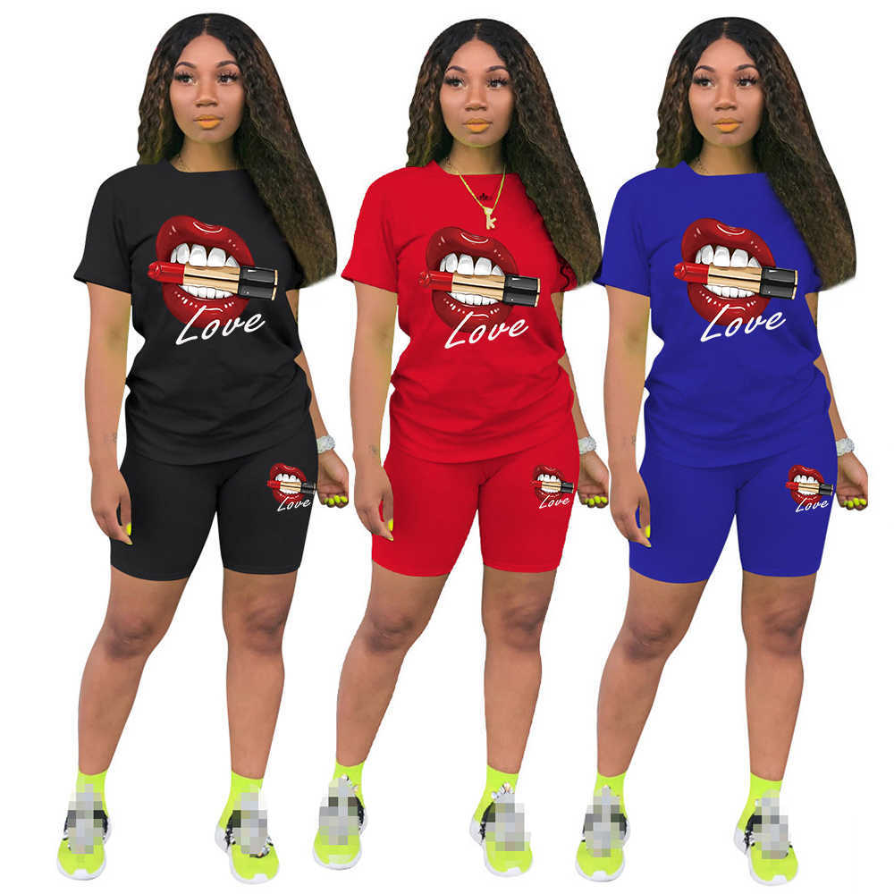 Two Piece Dress Summer Sets Womens Outfits O-Neck Sexy Short Sets Kiss Lip Funny Soft T Shirt Lips Watercolor Graphic Two Piece Set Women T230113